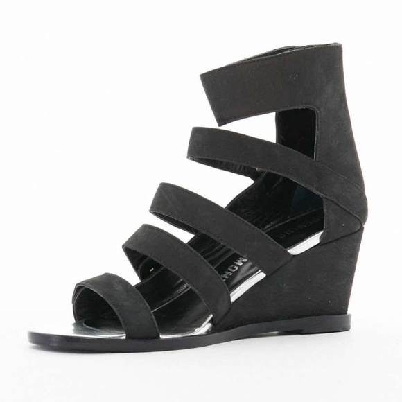 Opening Ceremony Olivia  Black Wedge Leather Suede Strappy Snap Button Sandals 9 - Picture 6 of 16